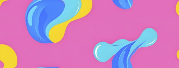 Abstract image with colorful yellow and turquoise blobs and liquid shapes on a pink background, AI