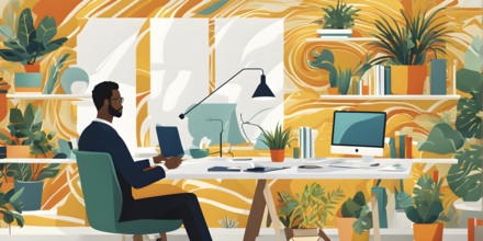 Wallpaper illustration of a man working at home office, AI generated