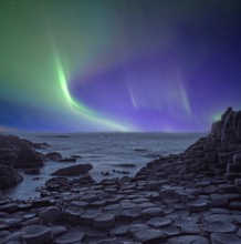 Giant's Causeway basalt columns with aurora borealis Northern Ireland