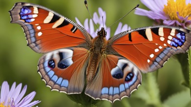 Detailed macro of a peacock butterfly (Aglais io), with a focus on the striking eyes, AI generated