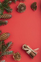 Christmas or New Year composition. Decorations, box, cinnamon, cones, fir and spruce branches, cup