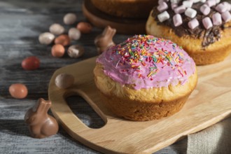 Homemade glazed and decorated easter pies with chocolate eggs and rabbits on a gray wooden