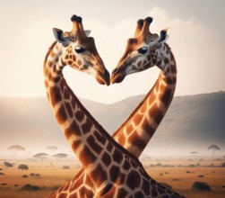 Two giraffes form a heart with their necks in the African savannah, AI generated, AI generated