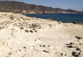 Fossilised sand dune rock structure, Los Escullos, Cabo de Gata natural park, Almeria, Spain,