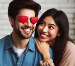 Lovers, a happy young woman in love smiles at a young man with hearts as a symbol of love, symbol