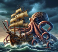 Mythology, mythical creatures, a sea monster, a giant octopus, threatens a sailing ship at sea, AI