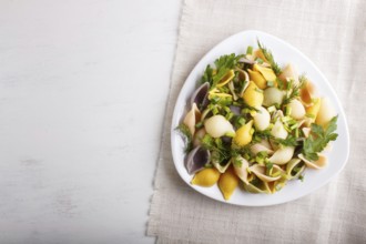 Conchiglie colored pasta with fresh greengrocery on a linen tablecloth on white wooden background.