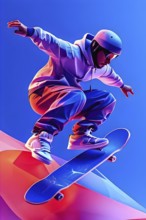 Skateboarder in dynamic jump abstracted into fluid shapes that capture elegance and dynamic in