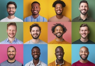 Diverse group of men posing for portraits. Multiple portraits with colored backgrounds, AI