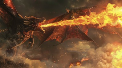 Flying dragon is spewing fire from its mouth, AI generated