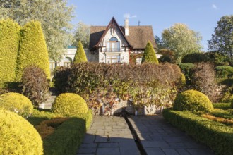 Cottage garden with topiary, hedges, trimmed bushes. Modern landscape design