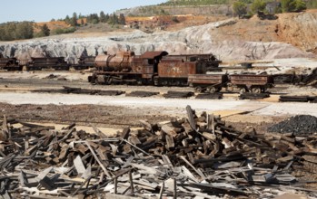 Old rusty abandoned steam train in the Rio Tinto mining area, Minas de Riotinto, Huelva province,