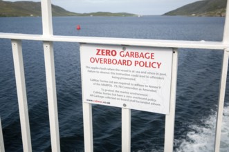 Zero Garbage Overboard Policy sign on Caledonian Mcbrayne ferry Scotland, UK