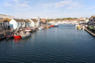 Colourful fishing boats in the harbour at Weymouth, Dorset, England, UK