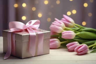 Gift Box with Pink Ribbon Beside bouquet of Fresh Tulips on Bokeh Background. Good for Valentine