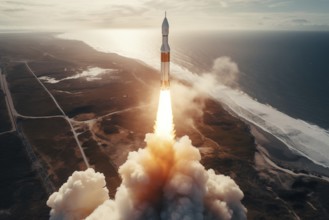 Aerial view of a rocket launch at sunrise sunset over an ocean coast. The rocket is blasting off