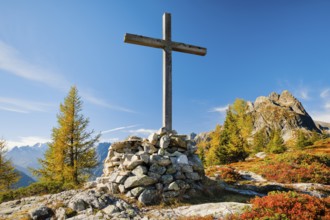 Summit cross in the Lower Valais at Les Perrons, Valais, Switzerland, Europe