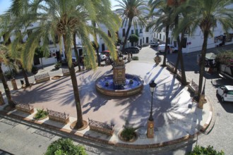 Fountain and palm trees in Plaza de Espana, Vejer de la Frontera, Cadiz Province, Spain, Europe