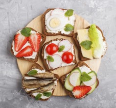 Set of different sandwiches with cheese, radish, lettuce, strawberry, sprats, tomatoes and cucumber