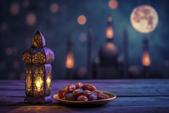 Ramadan lantern with a plate of succulent figs in violet purple tones with mosque and moon, set on