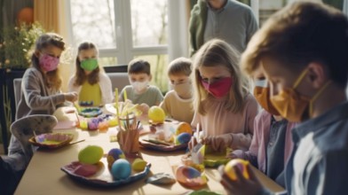 Several children wearing medical masks decorating easter eggs at the kitchen table, generative AI,