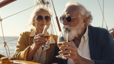 Senior caucasian couple enjoying drinks on the deck of their yacht in the ocean, generatvie AI, AI