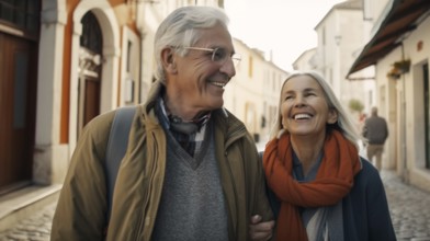 Happy elderly caucasian couple enjoying a walk along the european streets during thier vacation,