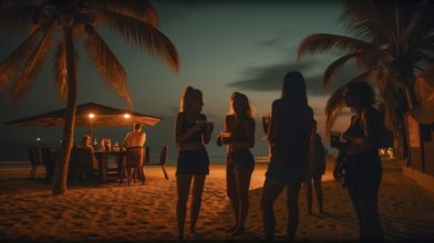 Young adult friends with tropical drinks enjoy the sunset on their vacation, generatvie AI, AI