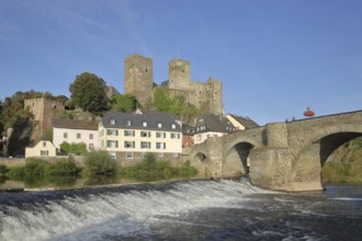 Old Lahn bridge built 1448 with castle built 12th century, Lahn valley, Lahn with barrage,