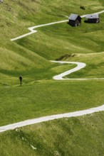 Winding path and mountain huts, Villnöss Valley, Sass Rigais, Dolomites, South Tyrol, Italy, Europe