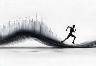 Wave of data points shaping into a runners silhouette, abstract illustration in black and white,