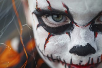 Close up of young girl child's face with scary Halloween costume face paint. Generative AI, AI