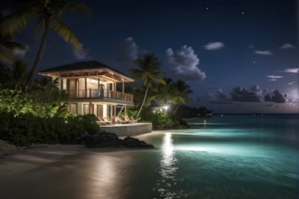 Real estate beach resort at the Caribbean coast at night, AI generated