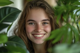 Young woman between leaves of tropical houseplants. Generative Ai, AI generated