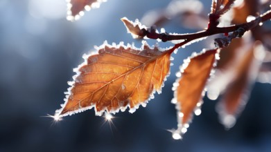 Detailed close-up of frost patterns on colored autumn leaves, AI generated