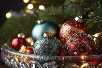 Christmas tree ornaments in a bowl, featuring a mix of glass baubles, pine cones, and fairy lights,