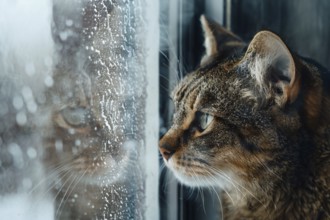 Cat looking out of window with winter snow landscape. Generative Ai, AI generated