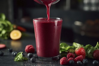 Close up of pink healthy smoothie drink being pured into a glass. Generative Ai, AI generated