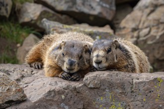 Pair of Marmots resting on stone rocks. KI generiert, generiert, AI generated