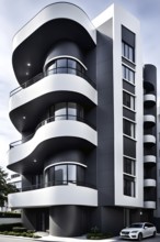 Rendering of a modern real estate apartment building in clean geometric forms in black and white,