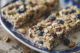 Close up of granola energy bar with dried fruits. KI generiert, generiert AI generated