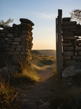 Ruins of a boundary wall standing isolated gates forever open, AI generated