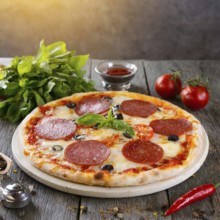 Food, a ready-made pizza with salami, AI generated, AI generated