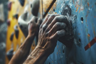 Close up of hand with chalk grabbing grip on artificial rock wall. KI generiert, generiert, AI