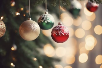 Green, red and golden Christmas tree baubles hanging on tree. KI generiert, generiert, AI generated