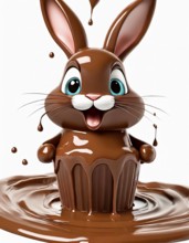 Cute funny little chocolate Easter bunny bathing in warm melting chocolate, AI generated, AI