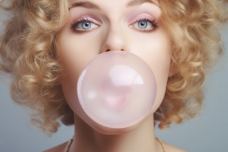 Face of young blond woman blowing large bubble with pink bubblegum. KI generiert, generiert AI