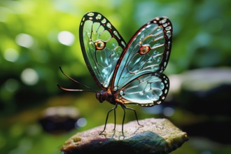 Beautiful stylized colored crystal butterfly on a branch, AI generated