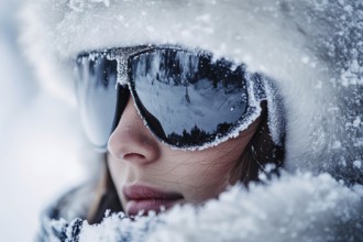 Woman's face with ski sunglasses and hat in winter. Generative Ai, AI generated