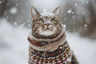 Cute cat in warm knitted sweater in winter snow landscape. Generative Ai, AI generated